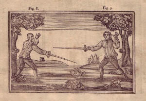 The left fencer is getting ready to close with his curly-haired opponent.